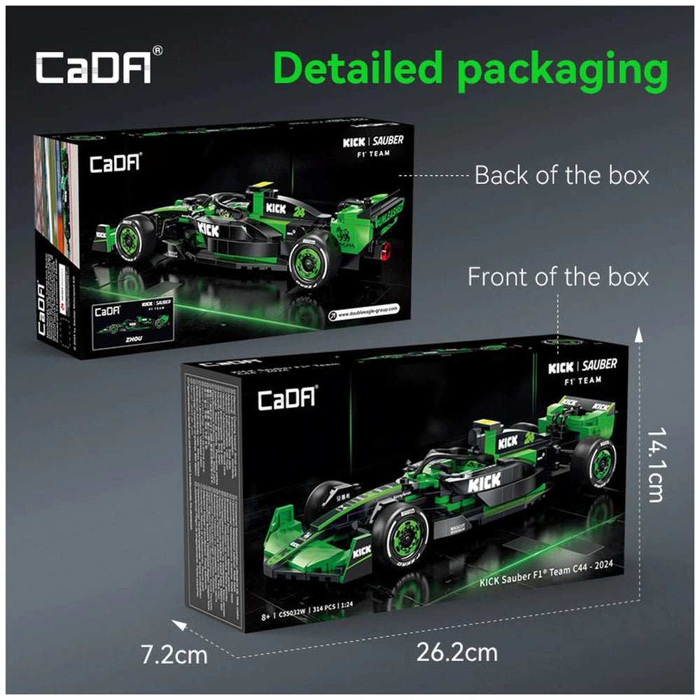 CaDA KICK SAUBER F1 Team C44 construction set packaging features a glossy black and green design with a model race car and wh