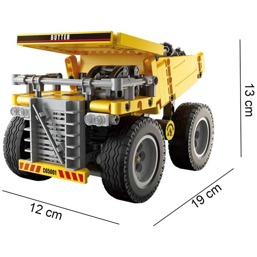 CaDA Mining Heavy Duty Truck construction set features a large yellow bucket, black wheels, and a red-yellow bumper design.