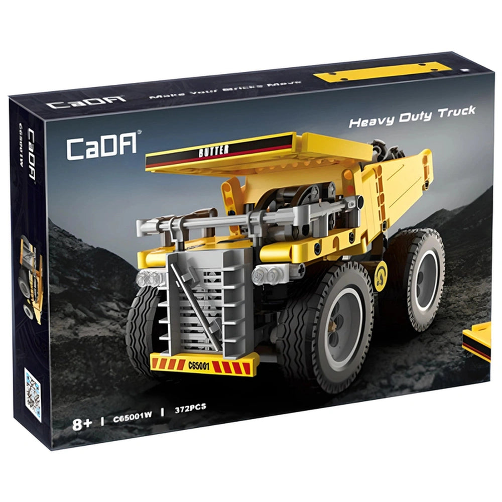 CaDA Mining Heavy Duty Truck construction set in yellow and black packaging with a plastic window and white text.