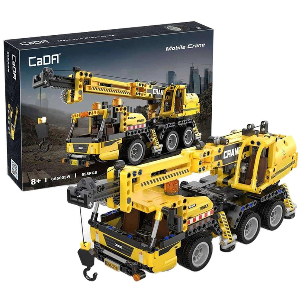 CaDA Mobile Crane Truck construction set in yellow and black cardboard packaging with printed white text.