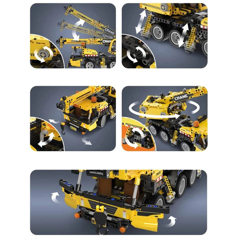 CaDA Mobile Crane Truck construction set in yellow plastic with black and white details, featuring repeated "CRANE" text.