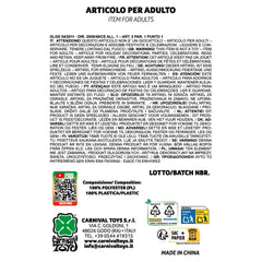 Adult ghost costume packaging in white with black text, red and green accents, featuring a glossy plastic window and QR code.
