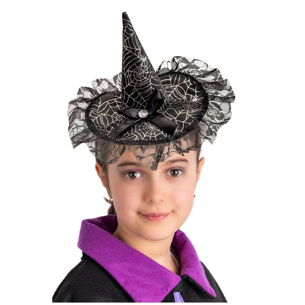 Black satin cap with bow, featuring white spider web pattern and black lace trim, perfect for dress-up and imaginative play.