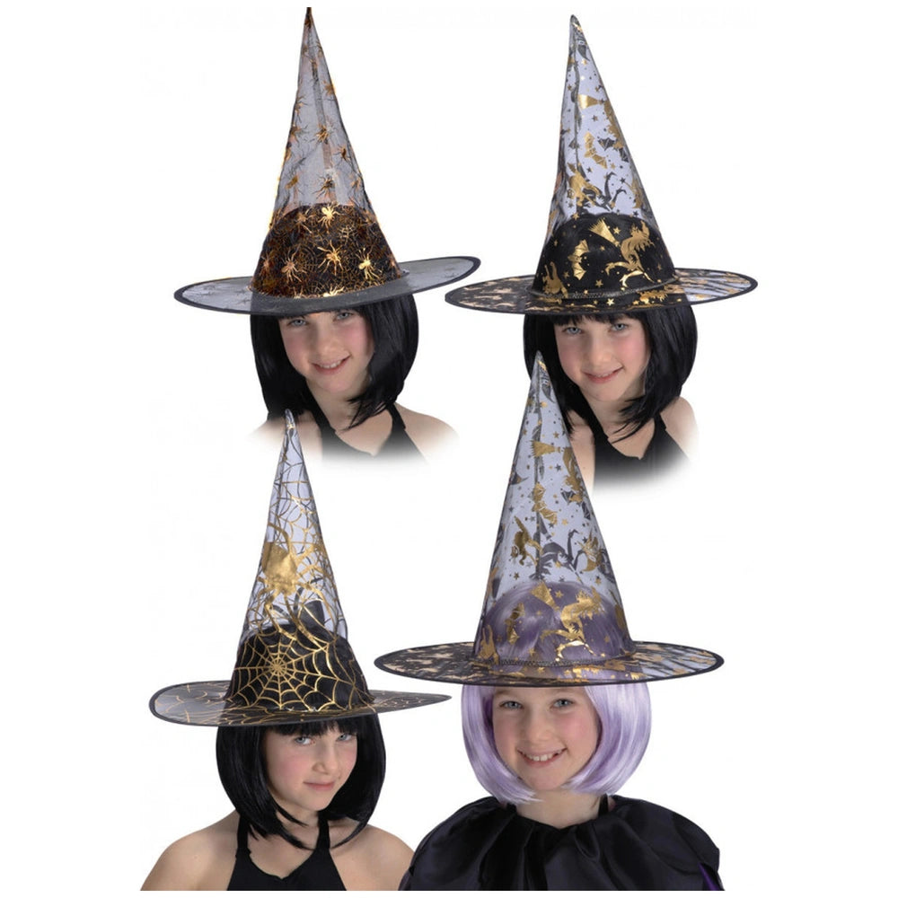 Carnival Toys - Sombrero de Bruja con Decoración Dorada para Niñas - Decoraciones Variadas de 30 cm - Profesiones de Imaginación y Juego de Roles