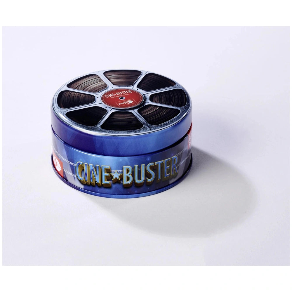 Cine Buster board game features a metallic cylindrical design with a film reel motif and vintage-style text.