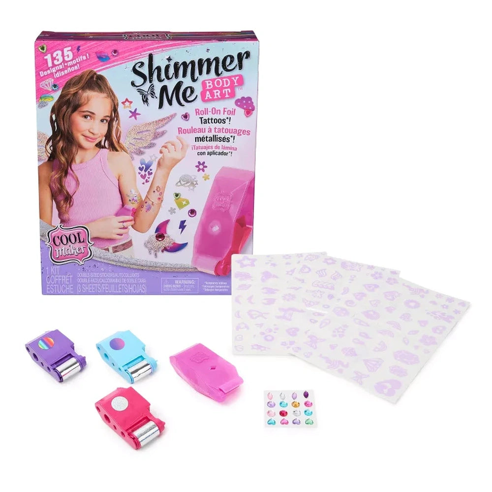 Cool Maker Shimmer Me Body Art Set features stencils and tattoo designs on pink packaging with a smiling girl showcasing the