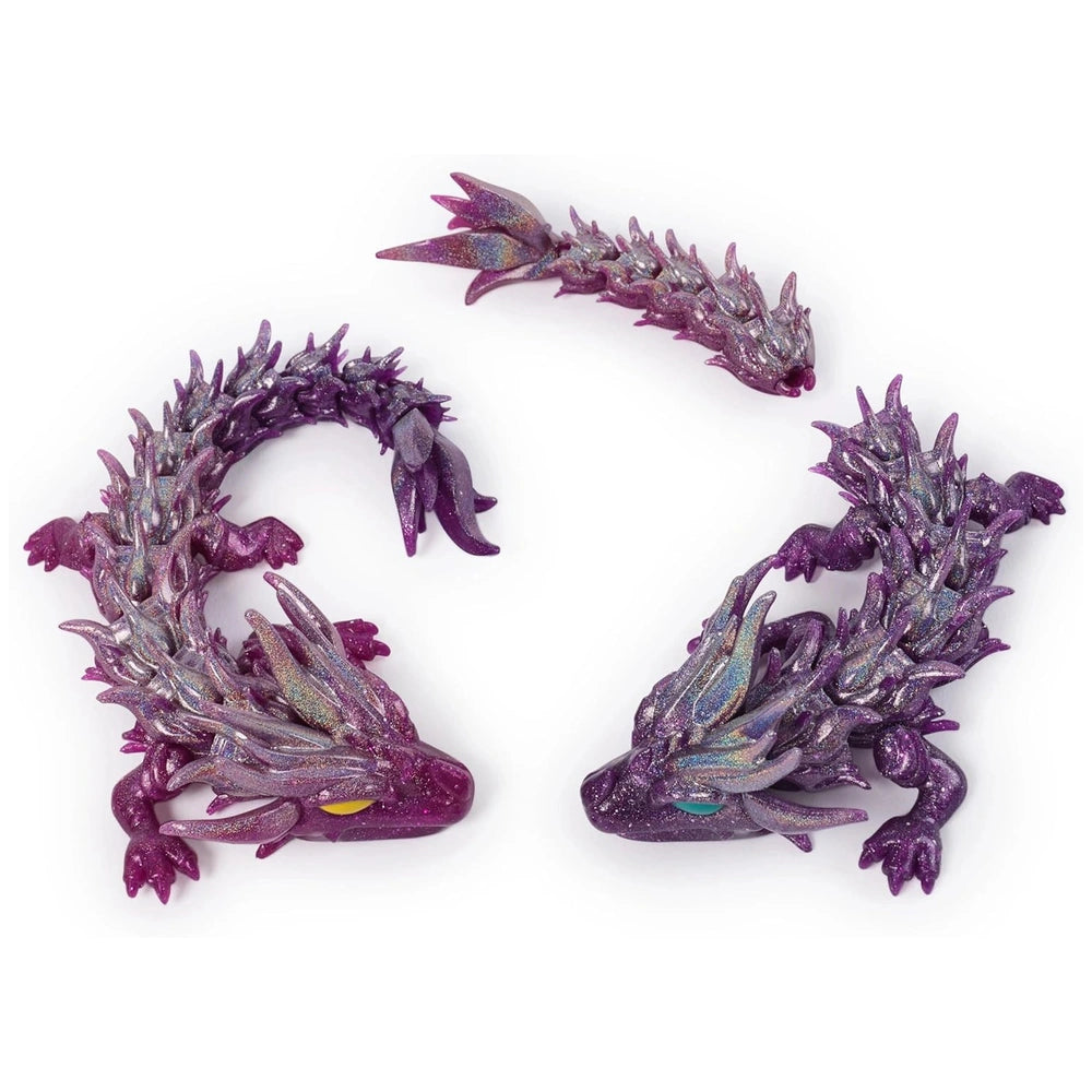 Articulated dragon figures in glossy purple and blue, showcasing detailed scales, spikes, and a lifelike texture.