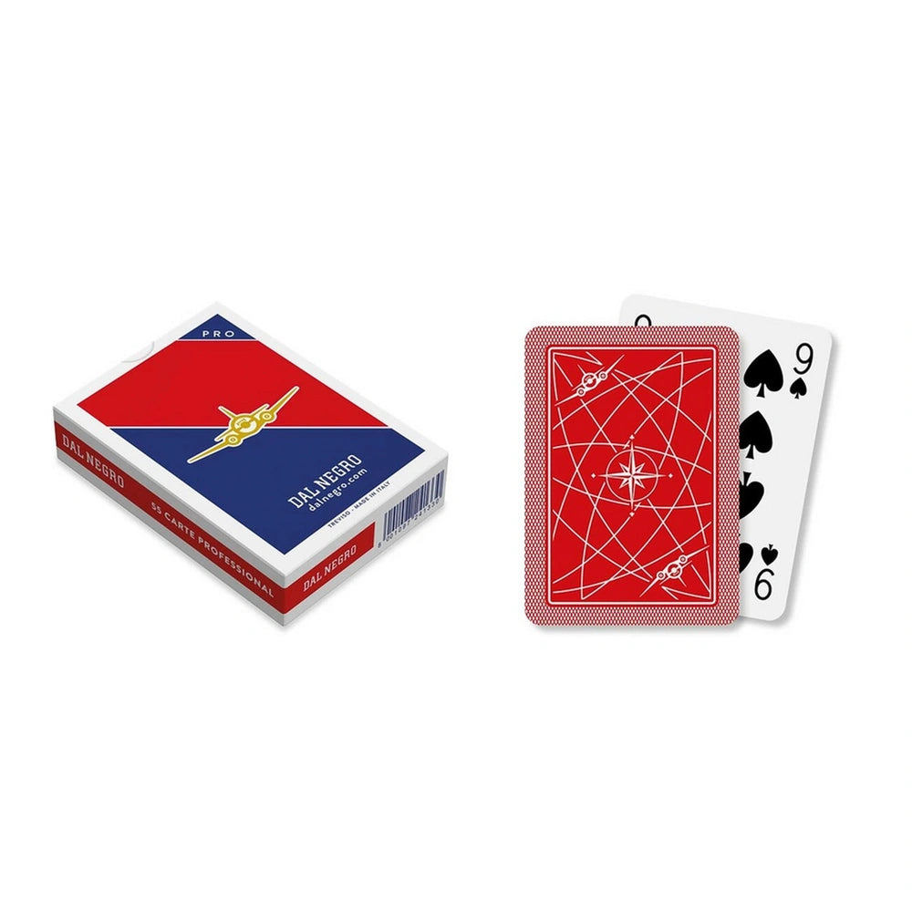 Dal Negro Aereo Club Pro Poker Cards in red deck featuring cardboard box with red and blue design on a white background.