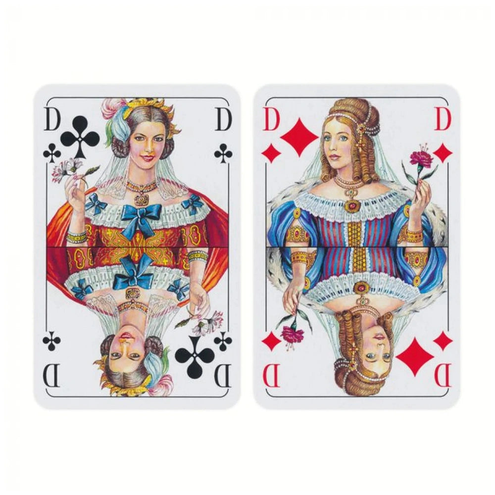 Dal Negro French-suited pattern playing cards with vibrant colors and intricate designs printed on cardstock.