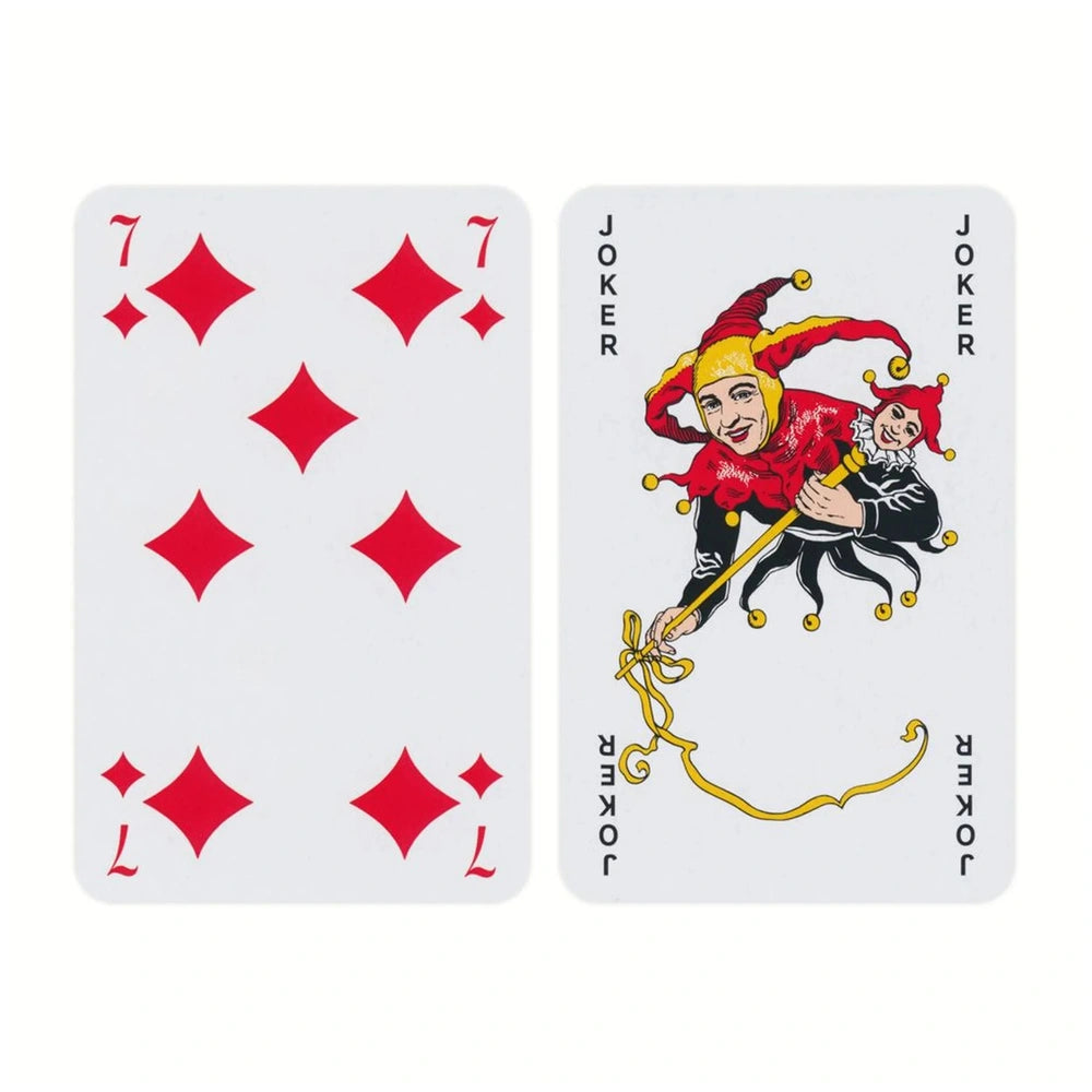 Dal Negro French-suited pattern playing cards featuring red diamonds, black and yellow illustration, and the name "JOHN".