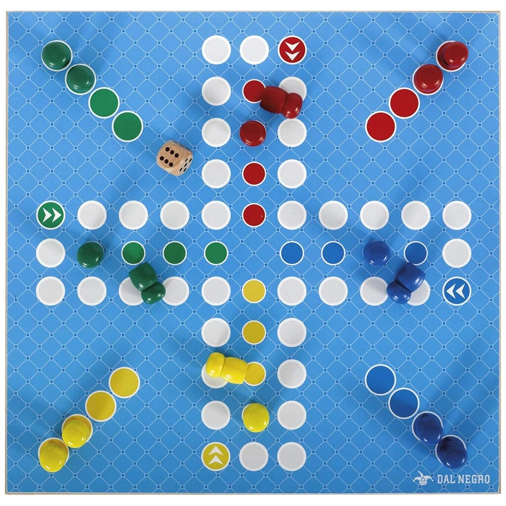 Dal Negro Many Games Wooden Board Games Set with 60 colorful plastic components on a blue grid-patterned surface.