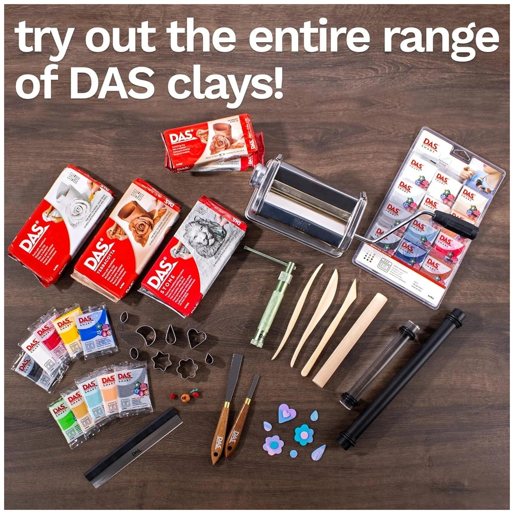 Das Modeling Clay - White 1 Kg in red and white packaging displayed on a wooden surface with clear plastic wrapping.