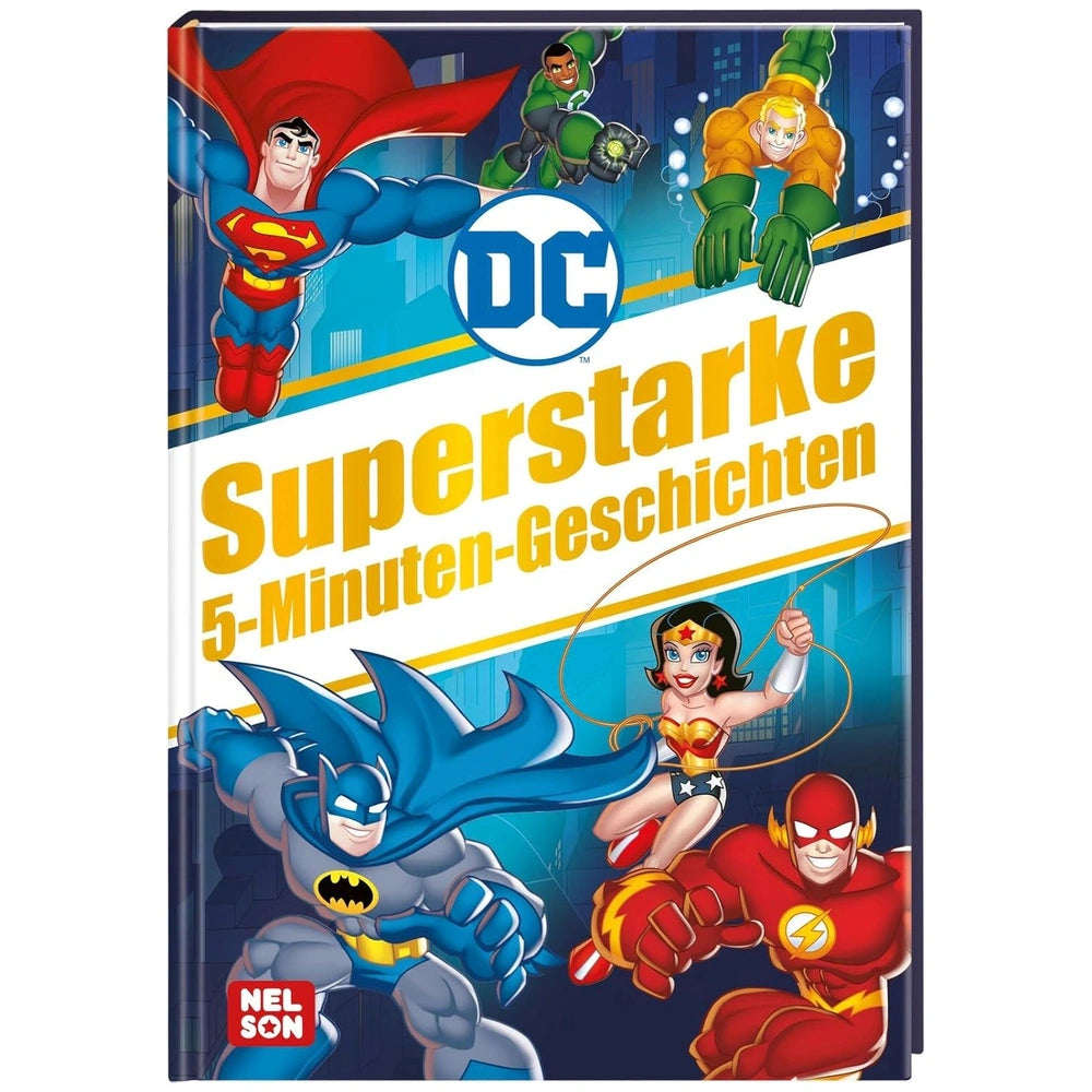 DC Superheroes Super Strong 5 Minute Stories book cover features animated characters on a glossy blue background with yellow 