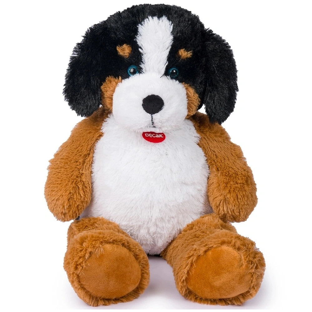 Maxi Bernese Mountain Dog plush stuffed animal with soft fabric, blue eyes, black ears, brown paws, and a red tag.