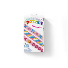 Diamond Dotz Dotzies Bracelets packaging features colorful dot patterns, a clear window, and labels in pink, blue, and yellow