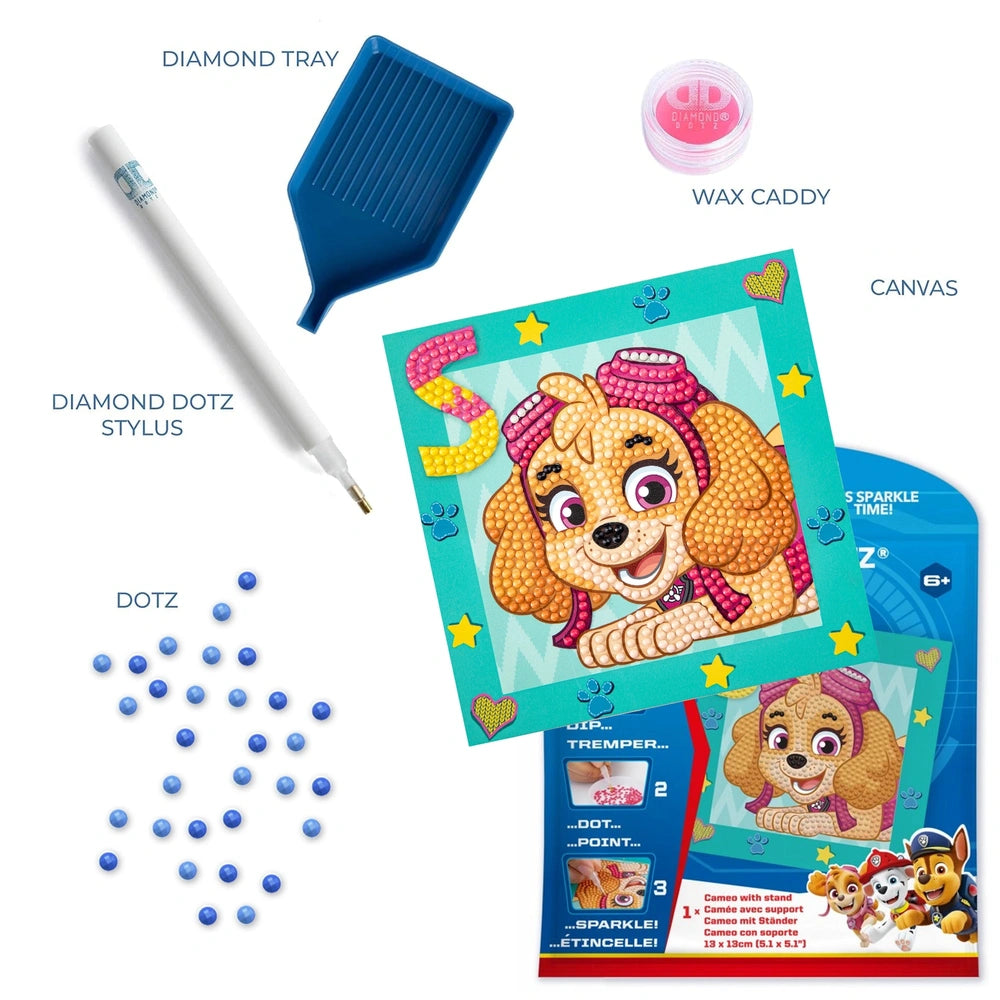 DIAMOND DOTZ Dotzies Paw Patrol Skye diamond painting kit featuring colorful diamond dot stylists on retail packaging.