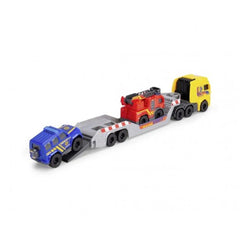 Dickie 3 In 1 Micro Rescue Truck features a red and yellow cab, black wheels, and a trailer with red and white accents.