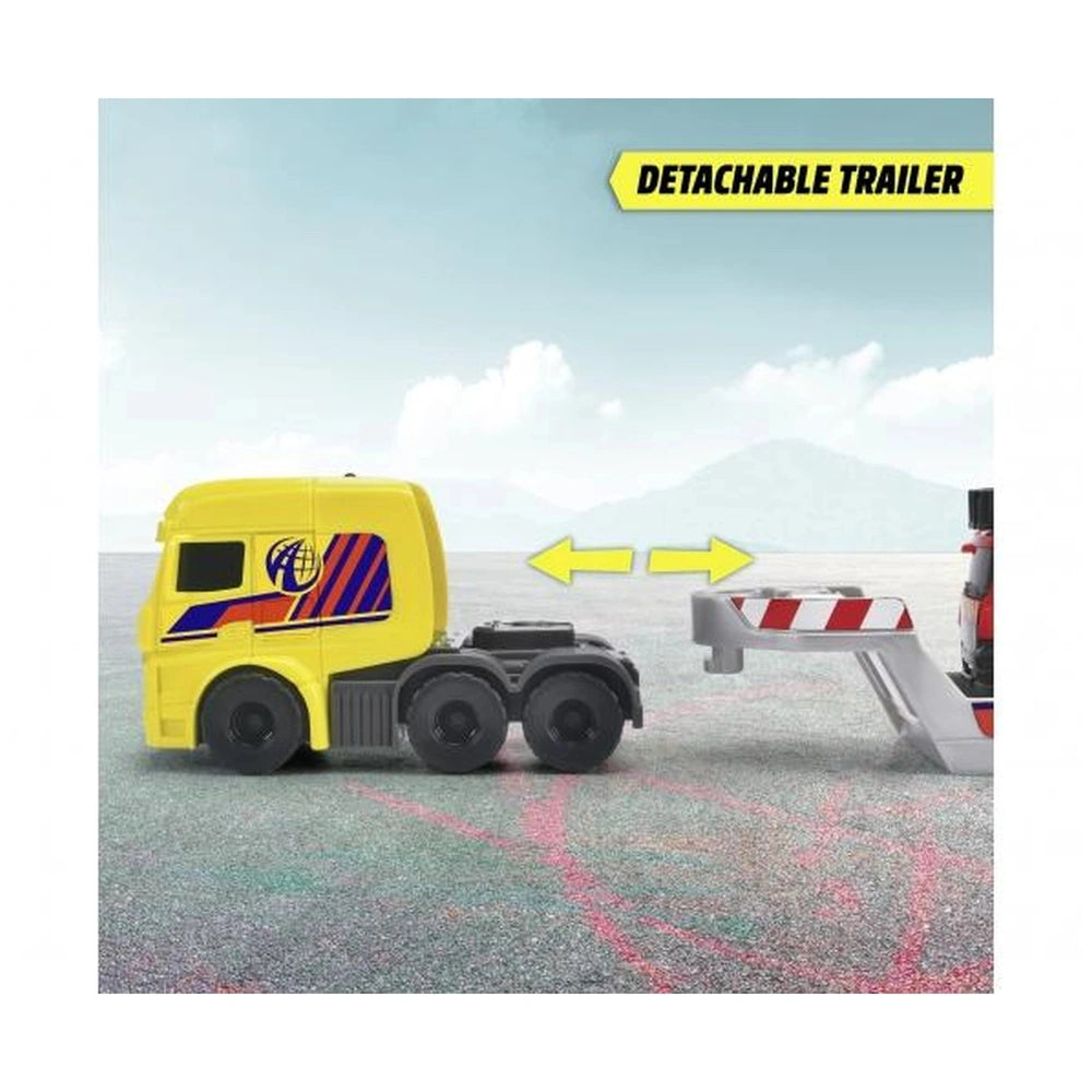 Dickie 3 In 1 Micro Rescue Truck features a shiny yellow truck with red and blue stripes and a matte black trailer on texture