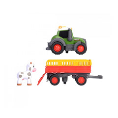 Dickie Abc Fendit Animal Trailer features a green cab, yellow and red bed, and red wheels, all made of durable plastic.
