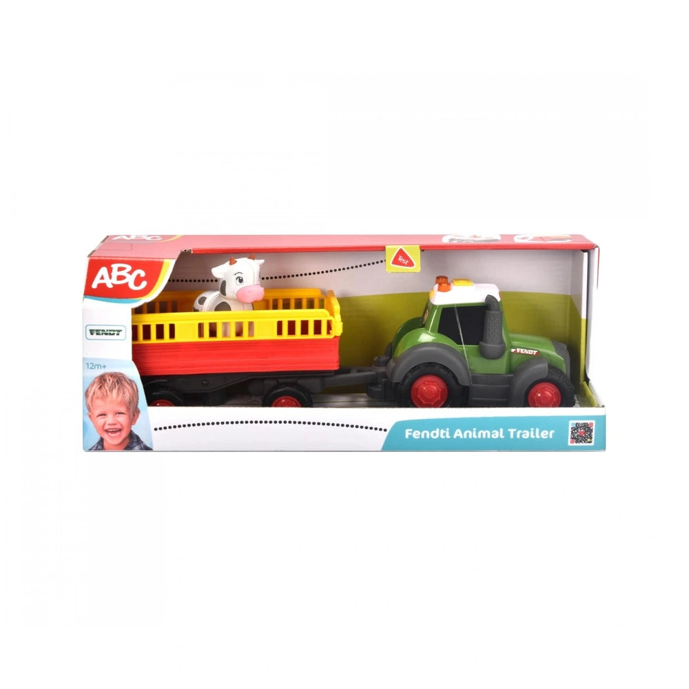 Dickie - ABC Fendit Animal Trailer playset features a red toy truck, white cow, and green tractor in retail packaging.