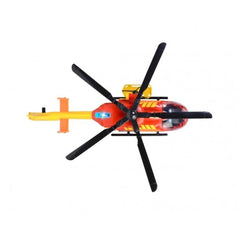 Dickie ambulance helicopter Airbus H145 in red with yellow accents, black rotor blades, and clear plastic window, made of pla