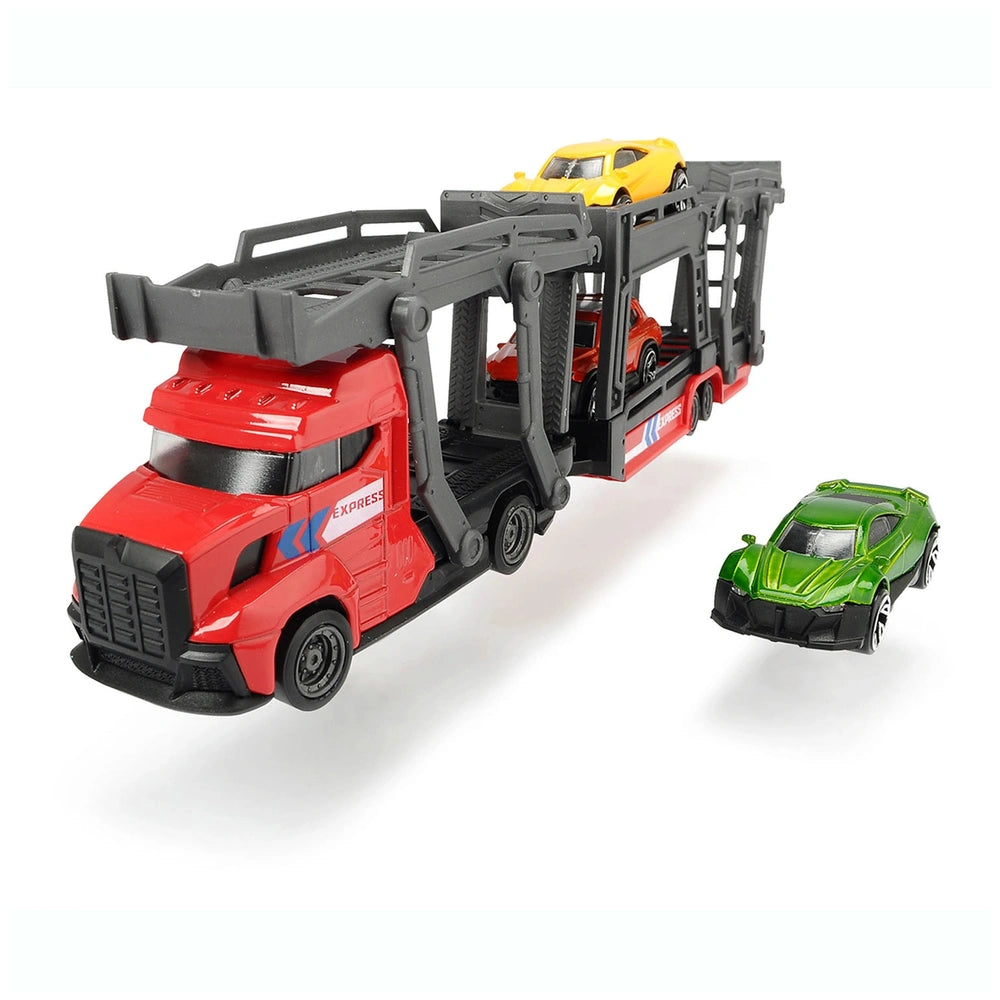 Red Dickie car carrier toy truck with yellow and green cars, featuring clear windows and black tires, labeled "EXPRESS".