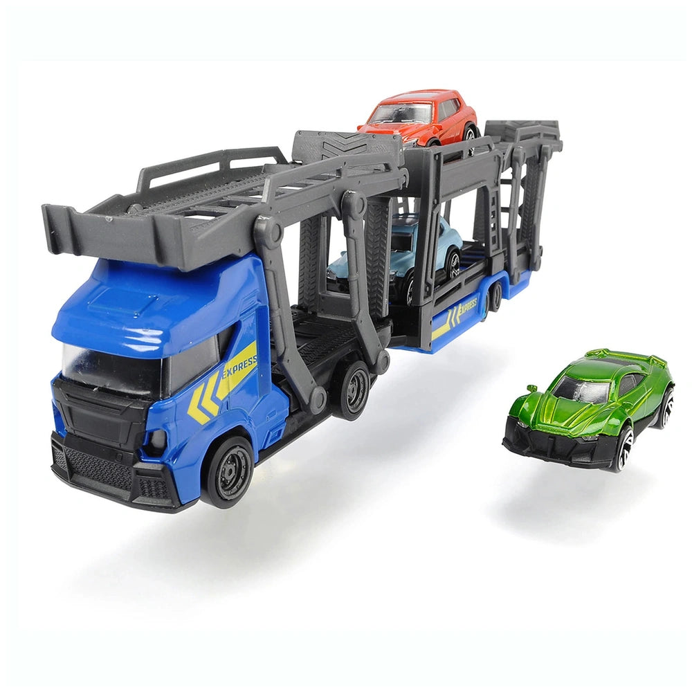 Dickie Car Carrier features a blue truck cab, gray truck bed with yellow and black stripes, and a green car on clear plastic.