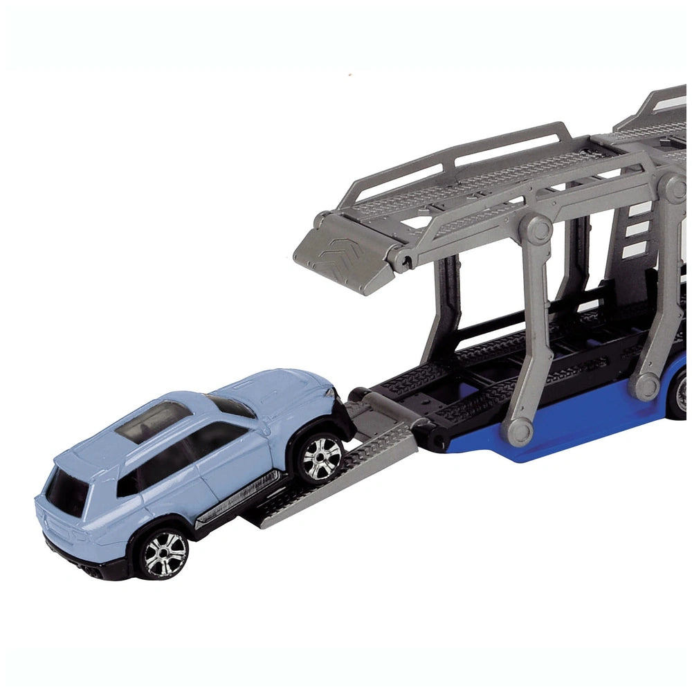 Blue Dickie car carrier toy featuring a shiny blue car and matte blue trailer with multiple black wheels.