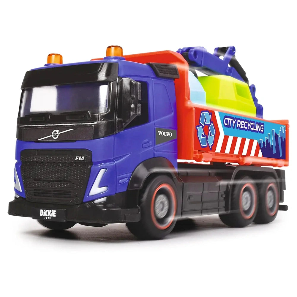 Dickie Toys City Truck in blue with glossy finish, textured bed, and shiny wheels, featuring reflective side mirrors and clea