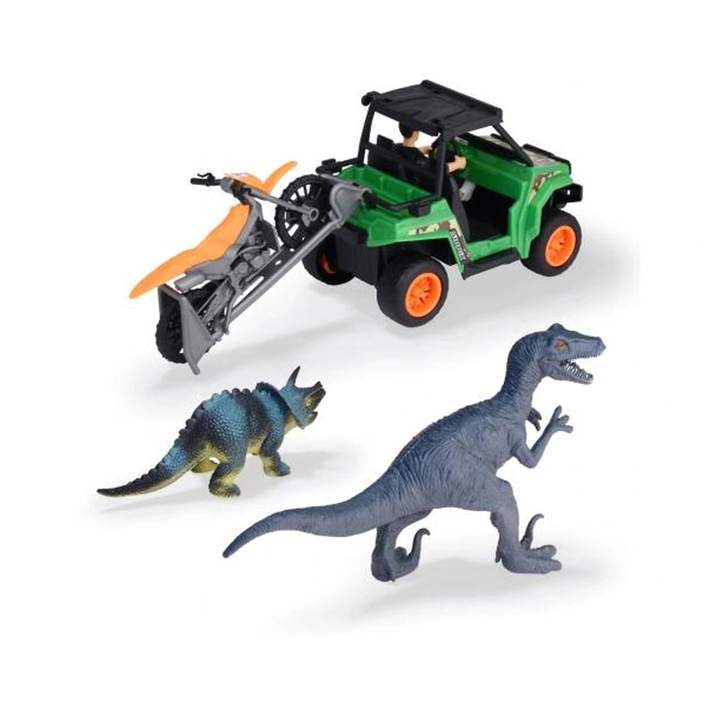 Dino Tracker Explorer Toy Playset features a blue dinosaur with a yellow tail and a green and black vehicle with orange wheel