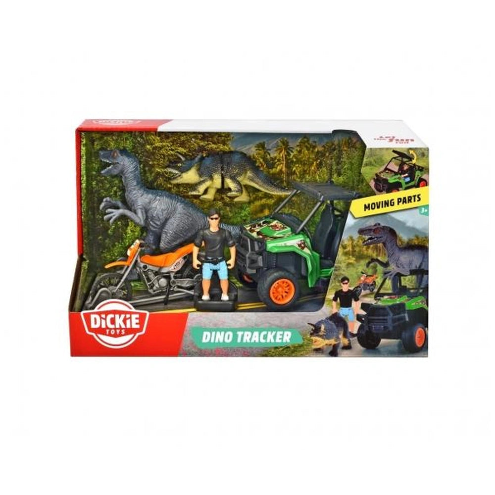 Dickie Dino Tracker Explorer Toy Playset features a gray dinosaur, orange motorcycle, and moving parts in a cardboard packagi