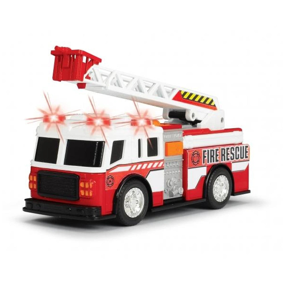 Red and white Dickie fire truck toy with glossy finish, transparent windows, and a ladder featuring red and yellow stripes.