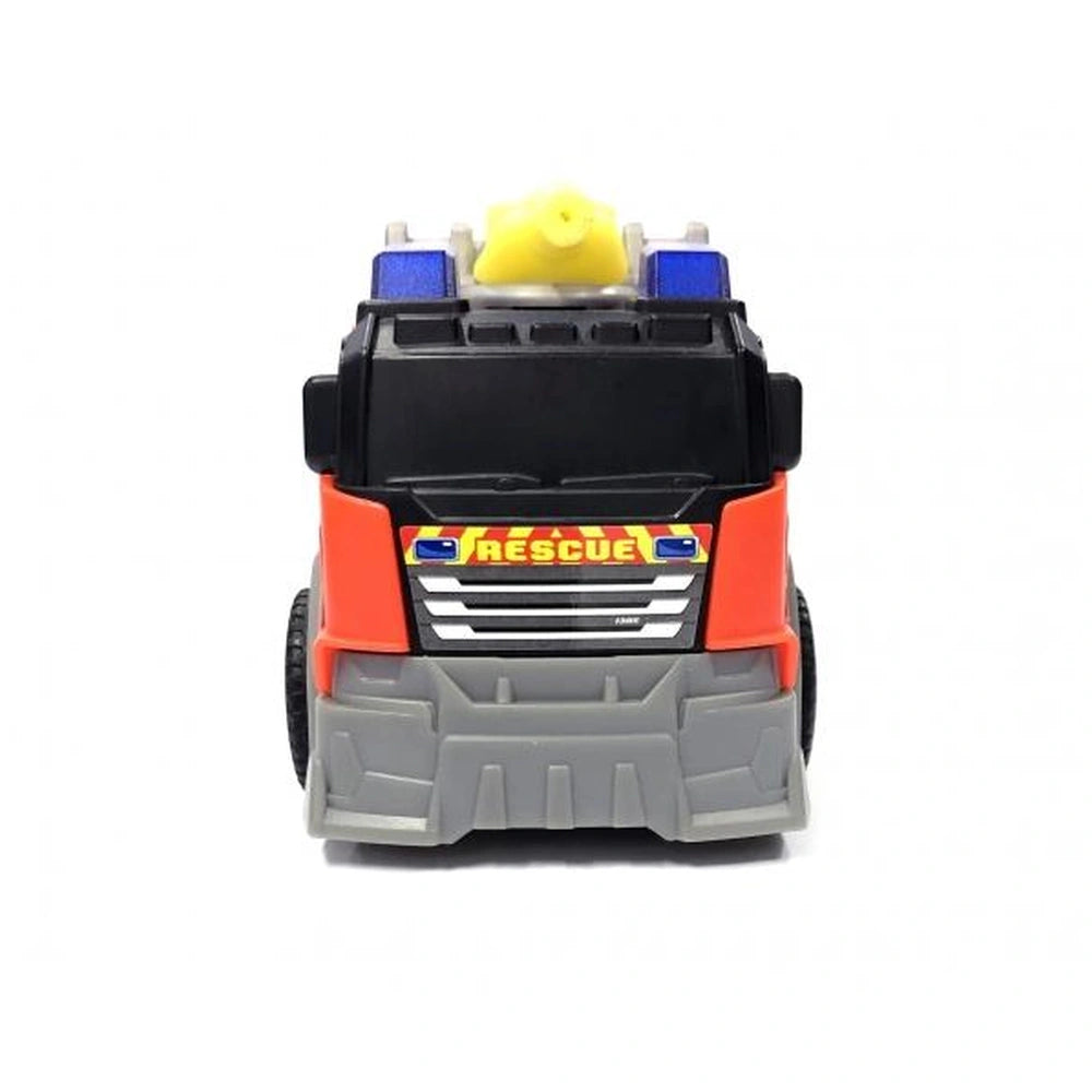 Dickie fire truck toy in orange and yellow with lights and sounds, featuring black rubber wheels and "HESCOE" license plate.