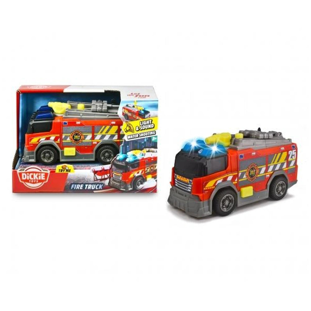 Dickie fire truck toy with lights and sounds, red box featuring yellow graphics, plastic window, and visible ladder.