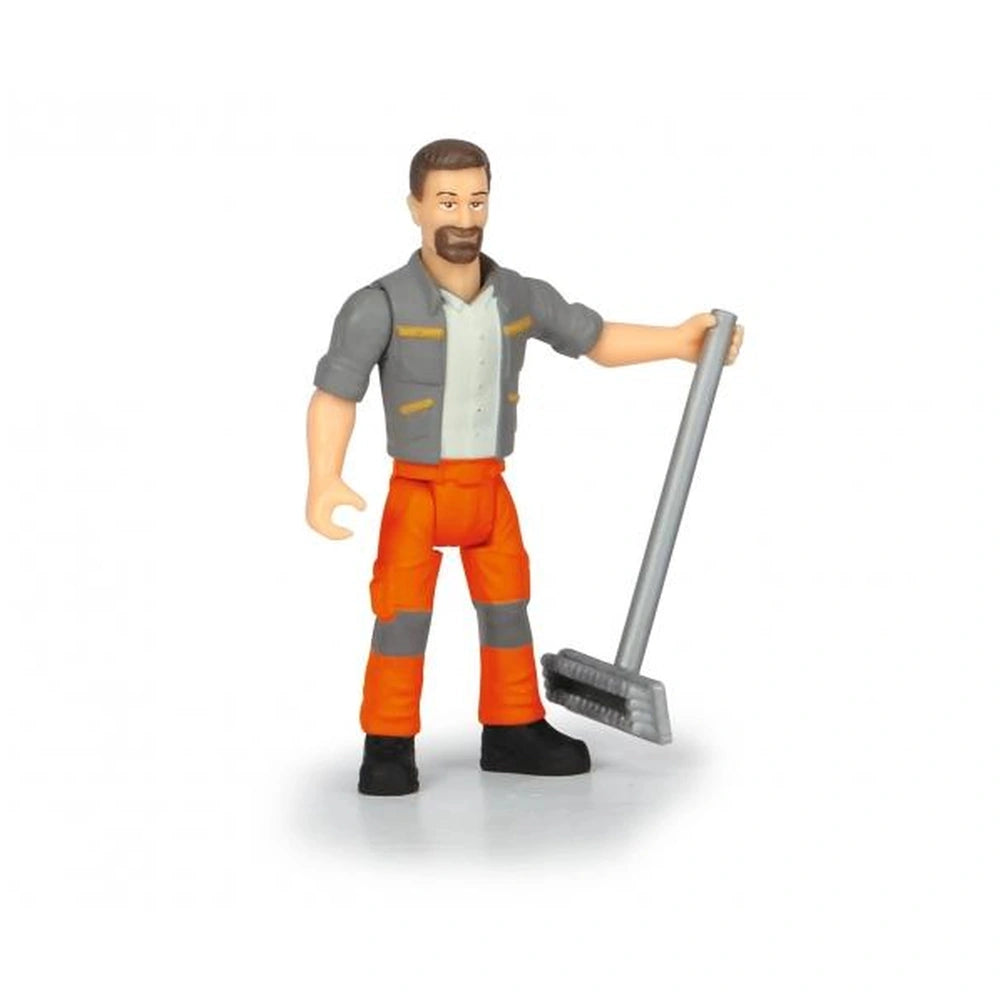 Dickie Kärcher street sweeper play vehicle features a plastic figure with a painted beard, orange pants, gray vest, and black