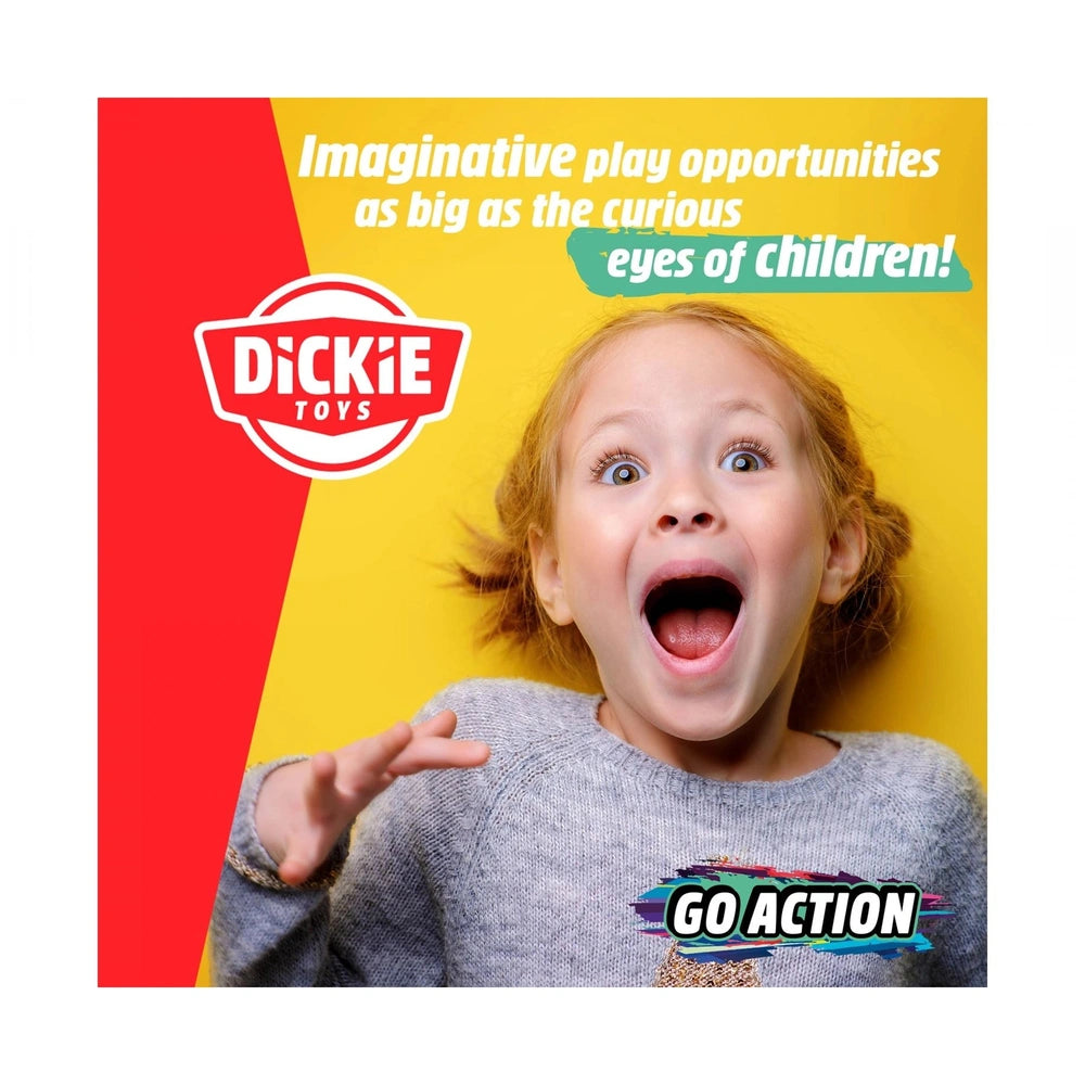 Dickie Key Racer play vehicle packaging featuring a young girl in a gray sweater with blonde hair and a bright yellow backgro
