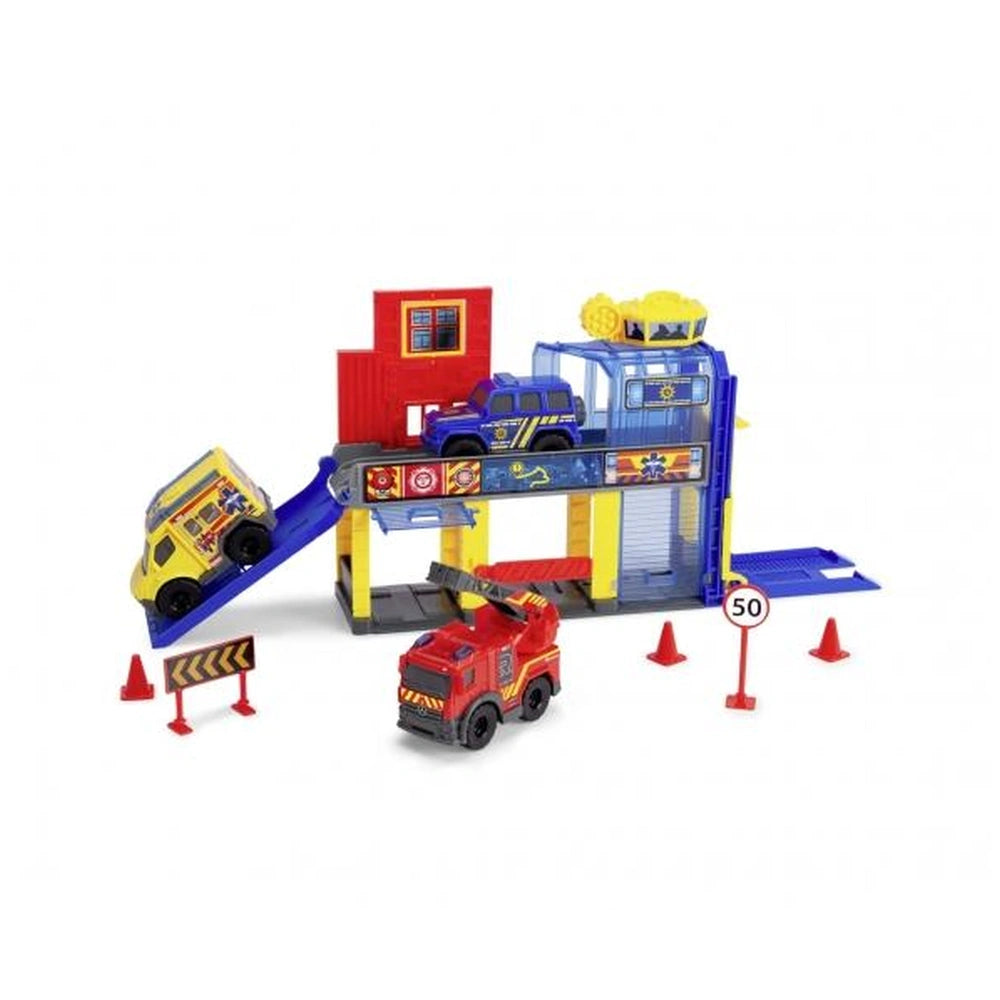 Dickie Micro Sos Station toy playset featuring a red fire truck and blue car carrier, both made of plastic with matte and glo