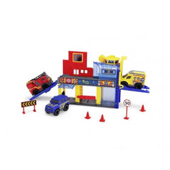 Dickie Micro Sos Station Toy Playset featuring red plastic building, multiple trucks, and numerous red plastic cones.