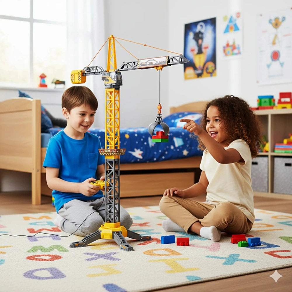 Dickie Mighty Crane Play Vehicle with yellow crane, toy trains, and colorful construction sets, enjoyed by two children.