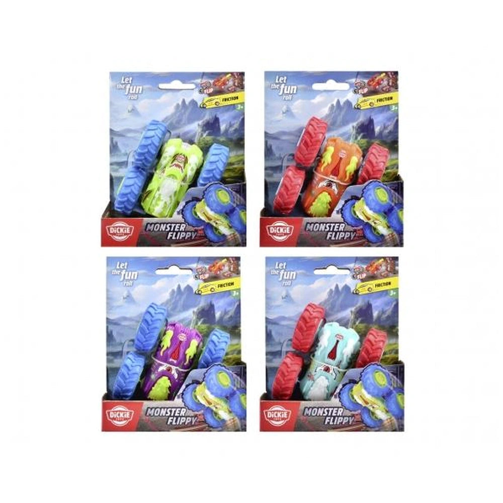 Dickie Monster Flippy assorted play vehicles in a retail package with four toys, vibrant colors, and a transparent plastic wi