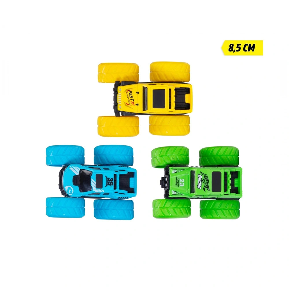 Dickie Monster Truck Play Vehicle featuring black and white body, yellow, blue, and green wheels, measuring 8.5 cm.
