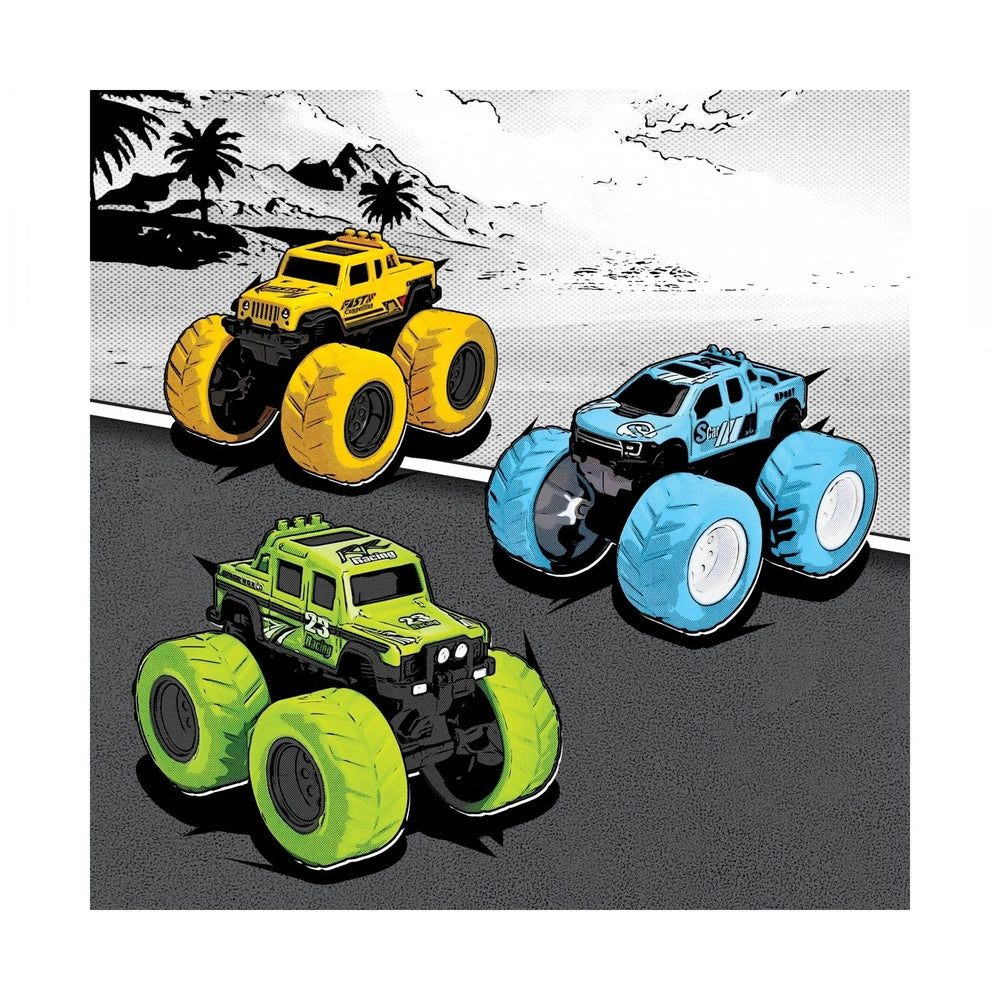 Dickie Monster Truck Play Vehicle features yellow, blue, and green trucks with large black tires against a gray and white gra