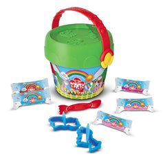 Didò Farm Modelling Dough Bucket with green lid, red handle, and assorted candies in clear plastic bags.