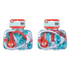 Doctor's case with medical accessories including a stethoscope, blood pressure cuff, and heart-shaped object in plastic conta