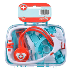 Doctor's case with a clear lid contains colorful medical accessories, including a heart-shaped object and toothbrush.