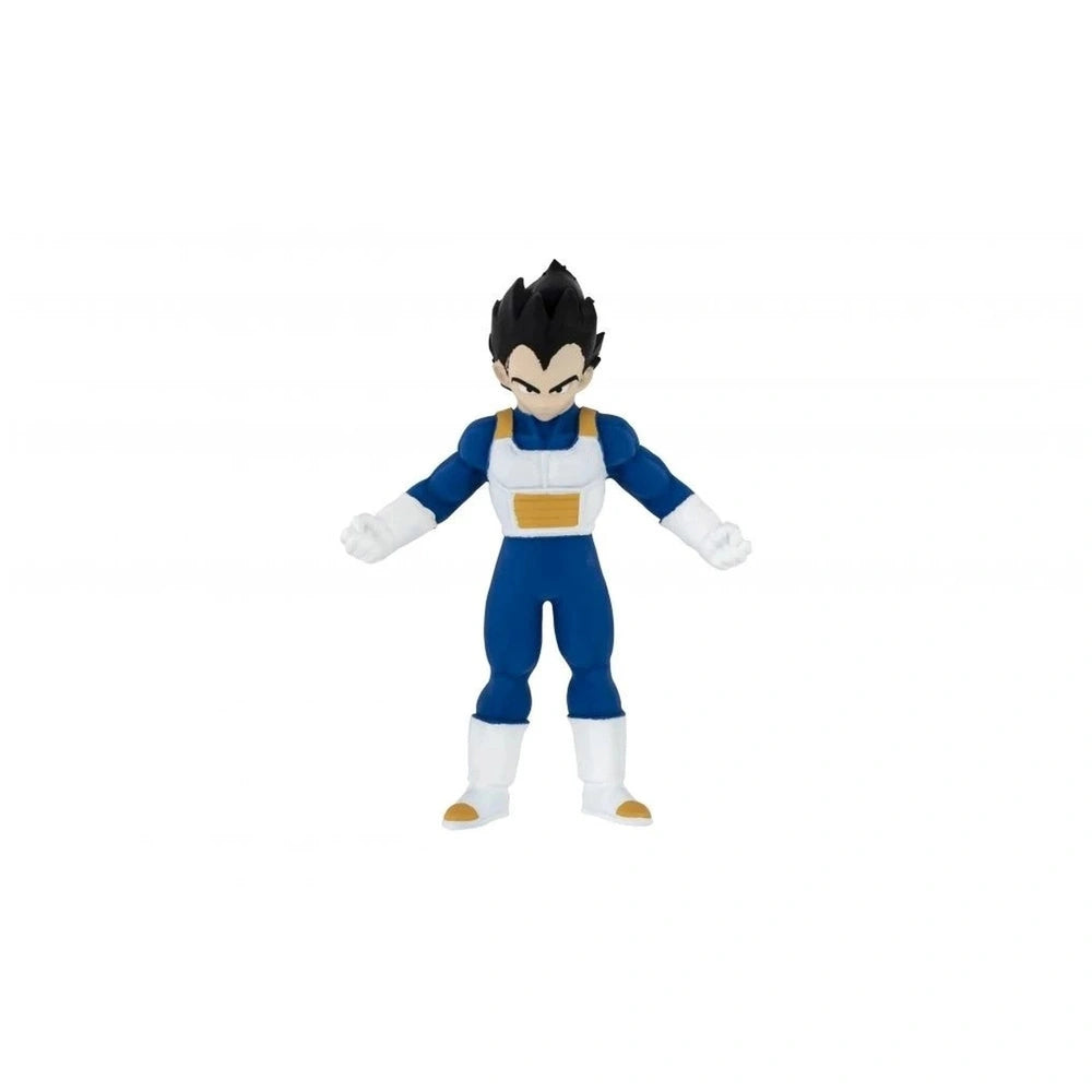 Dragon Ball Monster Flex action figure with spiky black hair, blue and white costume, and white boots with yellow soles.