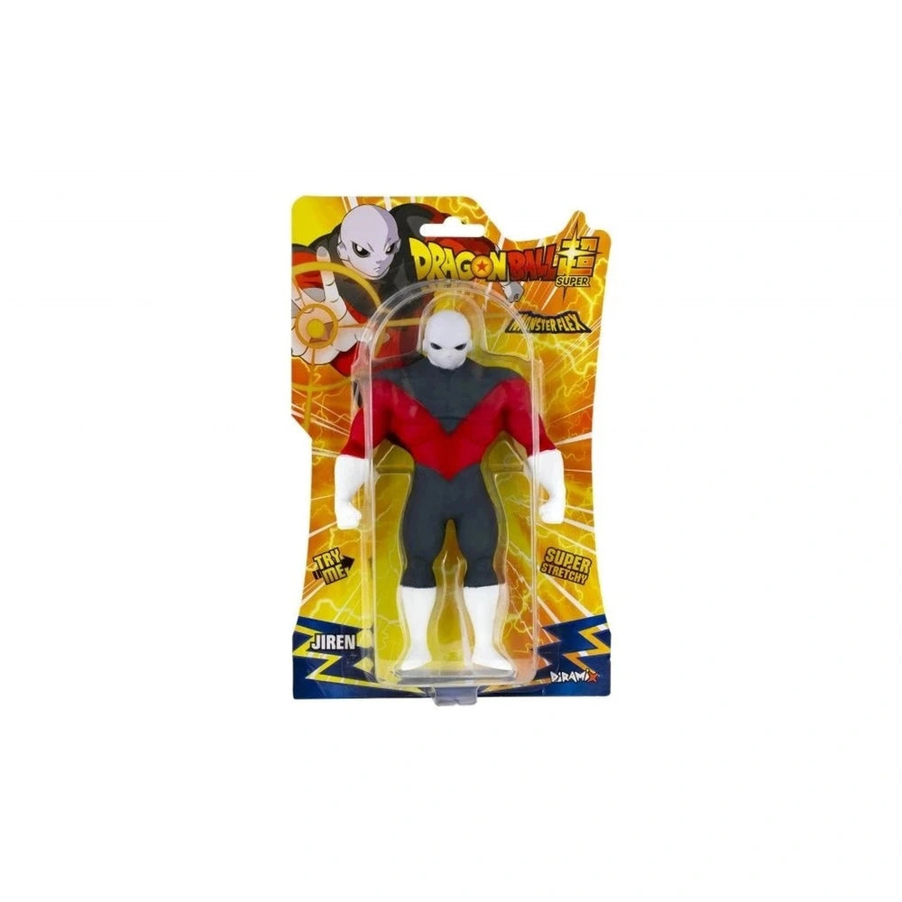 Dragon Ball Monster Flex action figure Jiren in plastic packaging with glossy window, red and black color scheme.