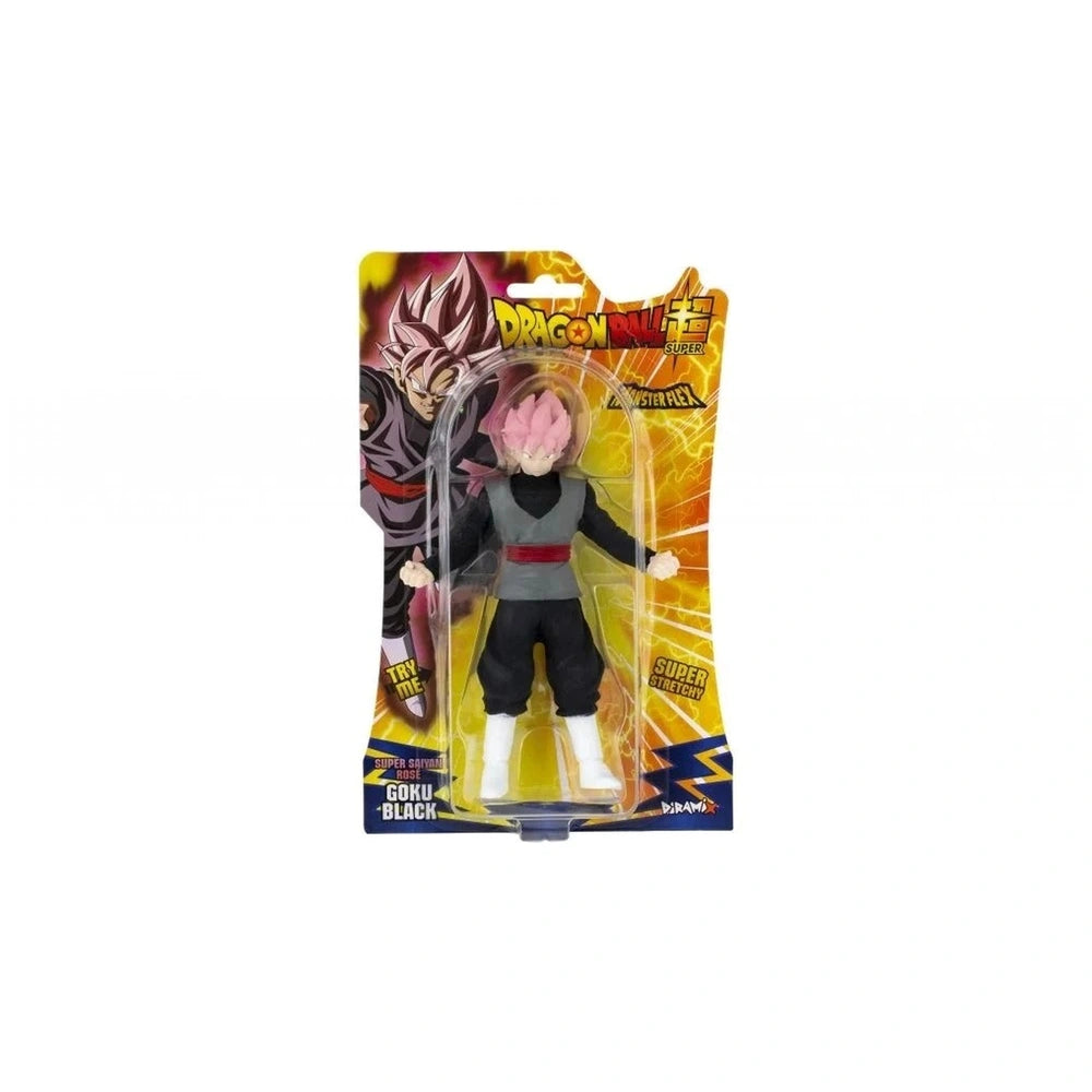 Dragon Ball - Monster Flex action figure Goku Black with spiky pink hair, black and gray outfit, and white shoes in yellow pa