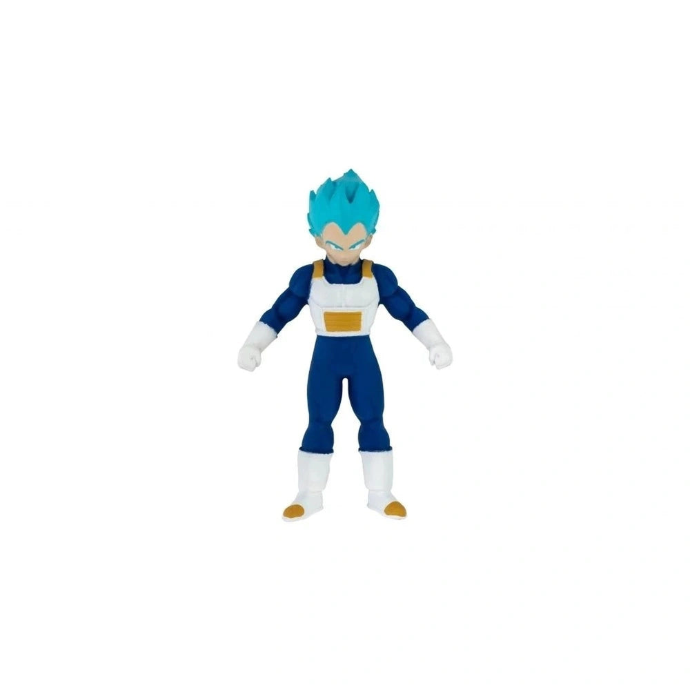 Dragon Ball Monster Flex action figure with blue hair, blue and white costume, and yellow boots, featuring multiple white bel
