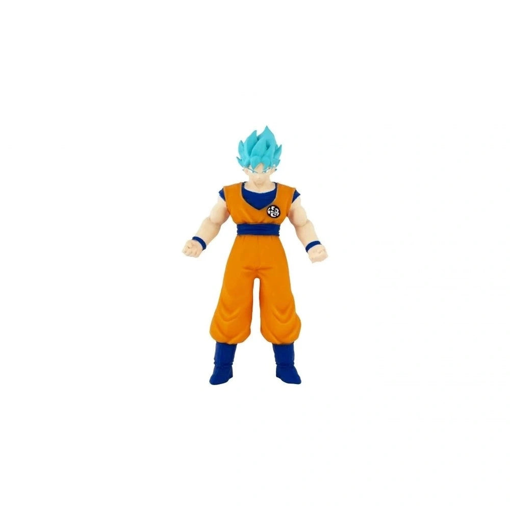 Dragon Ball Monster Flex action figure in orange outfit with blue accents, blue hair, wristbands, and shoes, made of matte pl